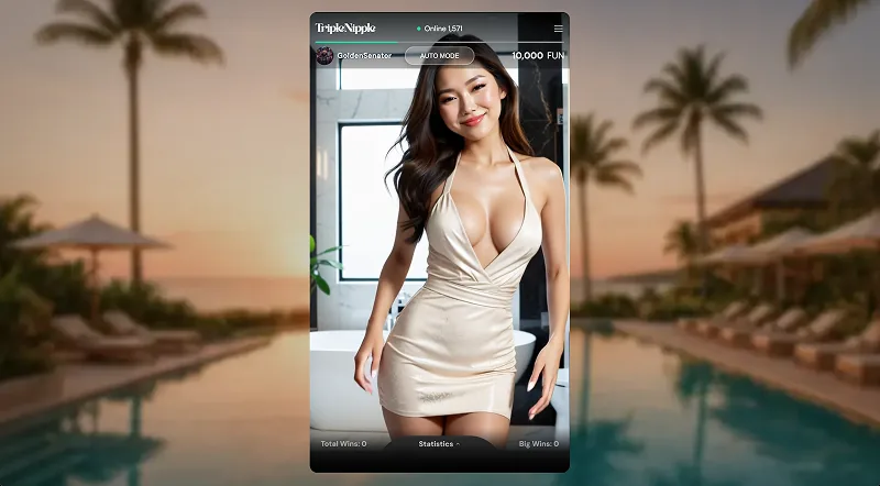 The opening scene of a Triple Nipple round, with the model on screen and a balance of 10,000 FUN credits, before the betting options appear