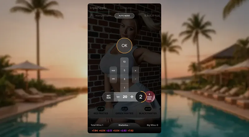 The Triple Nipple bet size panel open, with quick-stake buttons for 1, 3, 5 and 10, MIN and MAX shortcuts, a stake of 20 set and the High Risk toggle alongside