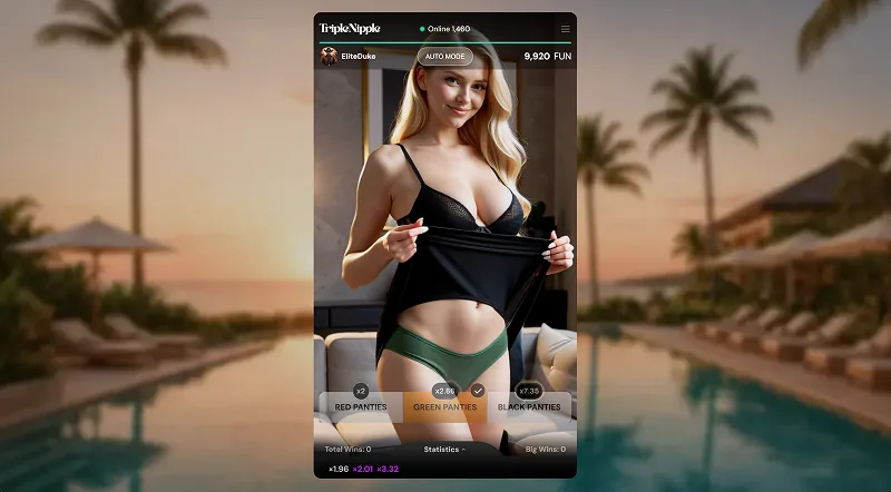 The reveal in a Triple Nipple round: the model lifts her top to show green panties, with the three panties options and their multipliers along the betting bar