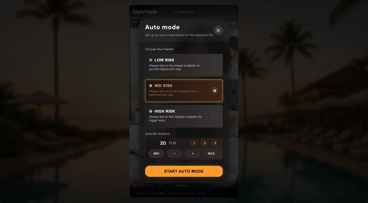The Triple Nipple Auto mode menu with Low Risk, Mid Risk and High Risk markets and an auto bet amount of 20