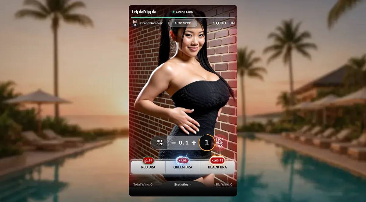 The Triple Nipple betting bar with High Risk Mode running, offering red bra at &times;1.24, green bra at &times;4.98 and black bra at &times;163.79